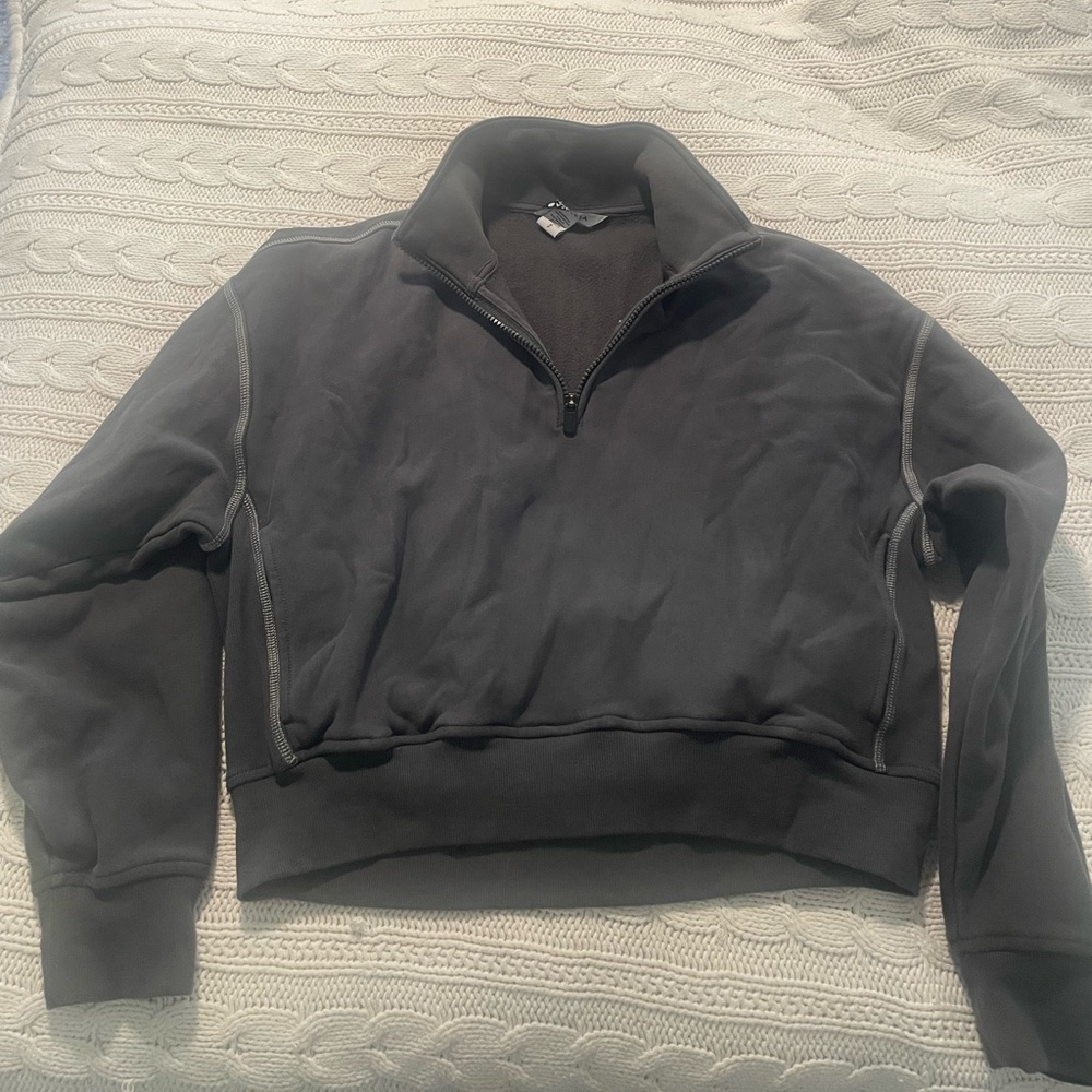 Athleta cropped forever fleece quarter zip, dark gray with stripe detail